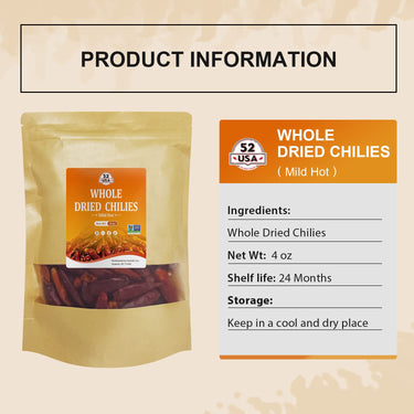 52USA Szechuan Red Dried Chilis, Whole Chili, Mild Spicy Chinese Chili 4 Oz (Mild Hot)